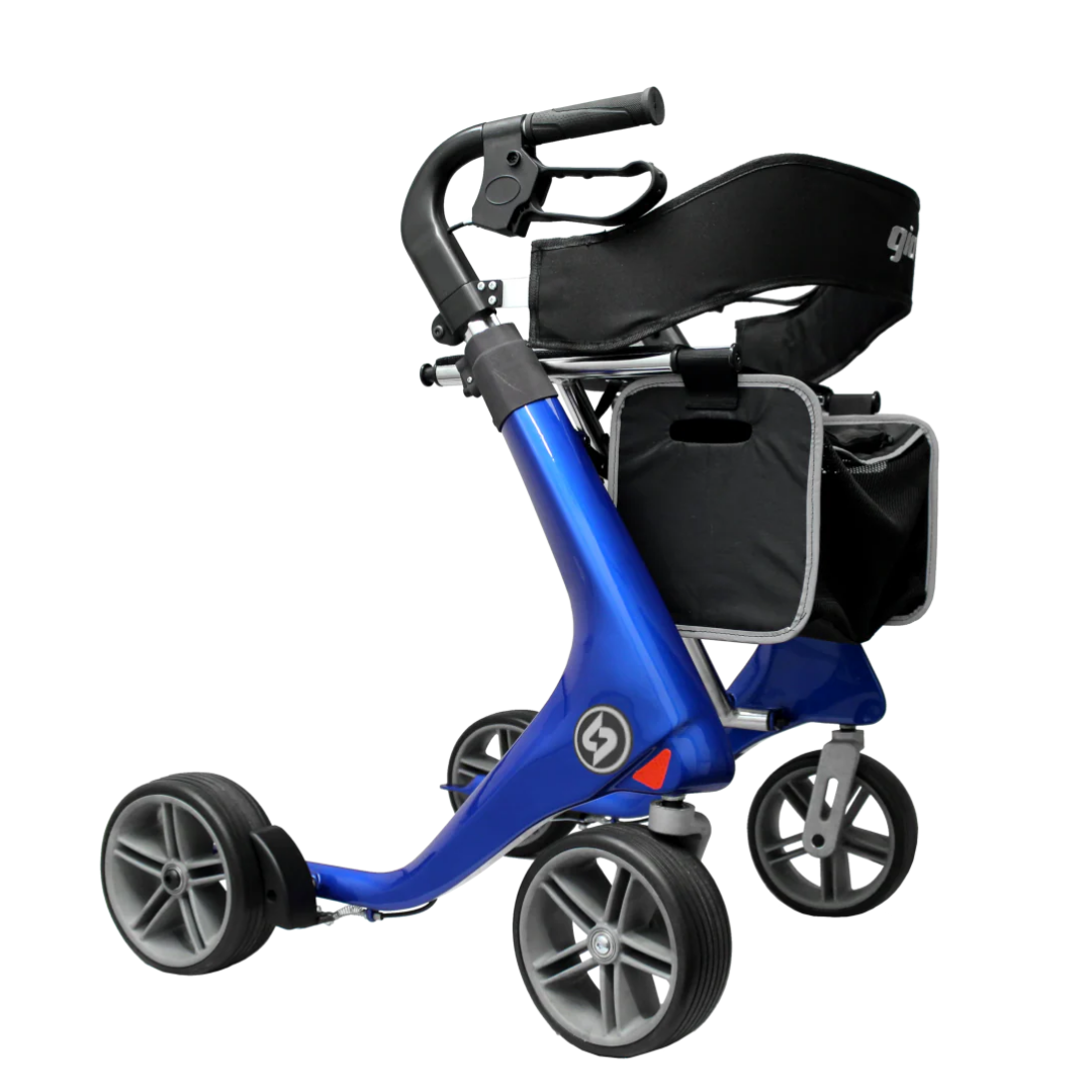 The GIO Nimbus Lightweight HD Folding All-Terrain Rollator is a modern blue walker with a carbon fiber frame, four wheels, adjustable height handles with brakes, a black cushioned seat and backrest, plus a side black storage bag.