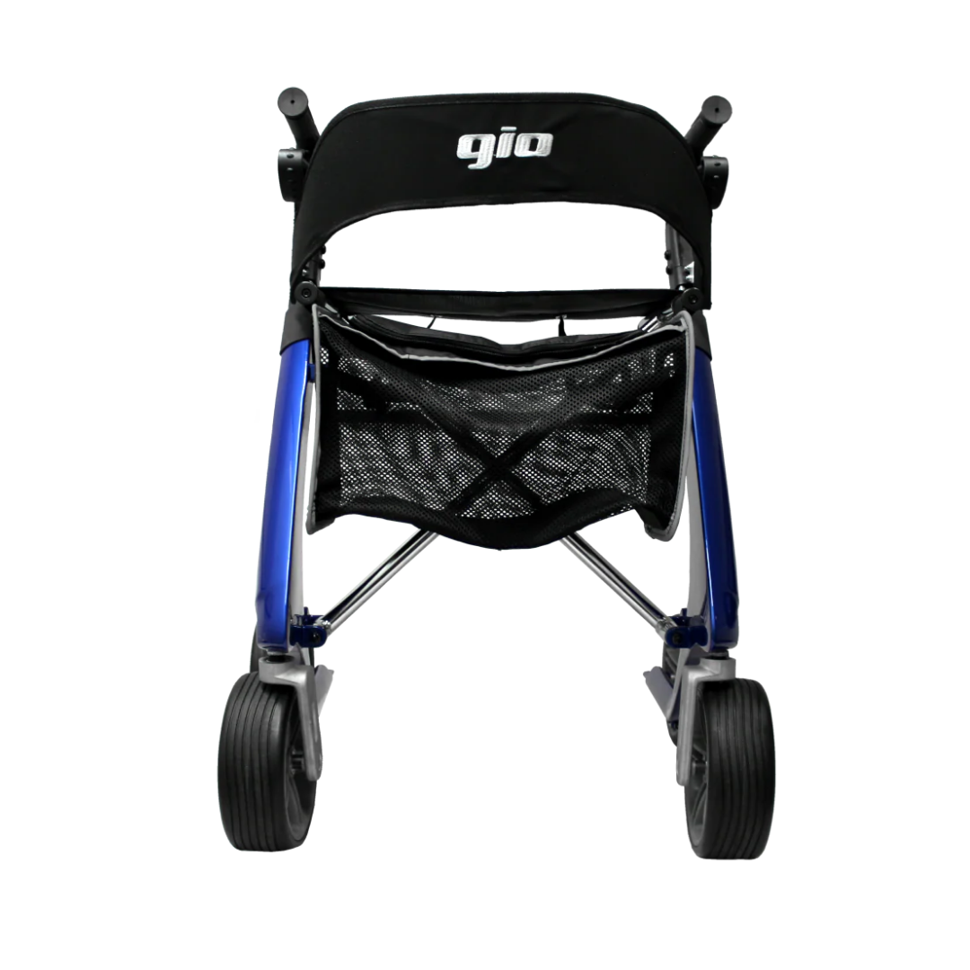 A front view of the GIO Nimbus Lightweight HD Folding All-Terrain Rollator in blue, featuring large black wheels, a carbon fiber frame, a black seat backrest labeled gio, and a black mesh storage basket under the seat.