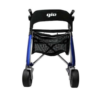 A front view of the GIO Nimbus Lightweight HD Folding All-Terrain Rollator in blue, featuring large black wheels, a carbon fiber frame, a black seat backrest labeled gio, and a black mesh storage basket under the seat.