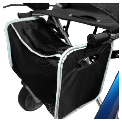 Close-up of the GIO Nimbus Lightweight HD Folding All-Terrain Rollator in blue, featuring a black mesh storage bag with handles and zippered compartments attached to its carbon fiber frame for organized storage.