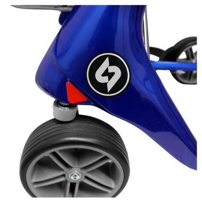 Close-up of the GIO Nimbus Lightweight HD Folding All-Terrain Rollator frame with a black and white logo, black wheel with gray hub and tread, adjustable height handles, and a small red reflector on the side.