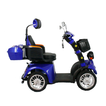 The GIO Tron Pro is a blue, four-wheeled mobility scooter with 4-wheel stability, a black high-back smart seat, front basket, and rear storage box, shown in side view on a white background.
