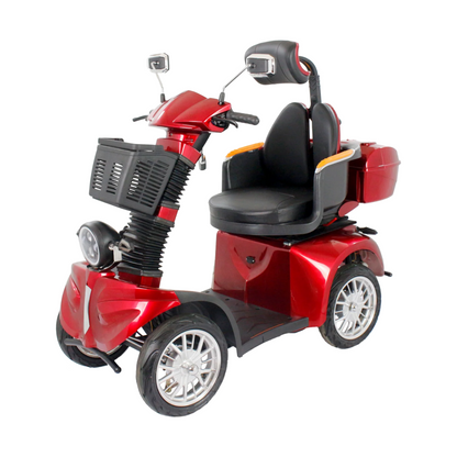 The GIO Tron Pro, a red 4-wheel mobility scooter, features a cushioned smart seat with headrest, side mirrors, front basket, and rear storage box; displayed on a white background.