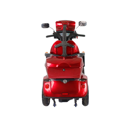 The GIO Tron Pro, a red mobility scooter seen from the rear, features an adjustable seat with armrests, dual side mirrors, and four-wheel stability, isolated on a white background.