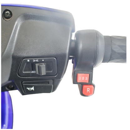 Close-up of the GIO Tron Pro mobility scooter handlebar control panel with headlight switch, horn button, and gear selector (buttons 1, 2, 3, R for reverse). A textured grip enhances comfort, complementing smart seat technology and 4-wheel stability.