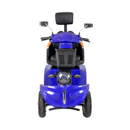 Front view of the GIO Tron Pro blue mobility scooter with three wheels, black seat featuring smart seat technology and headrest, handlebars, mirrors, and a central headlight, displayed on a white background.