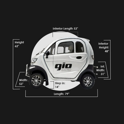 Side view of the GIO Golf Fully Enclosed Mobility Scooter with Heater and Cooling Fan in white, showing labeled dimensions: 79 length, 53 width, 62 height, 53 interior length, 48 interior height, 31 interior width, and 14 step-in height.