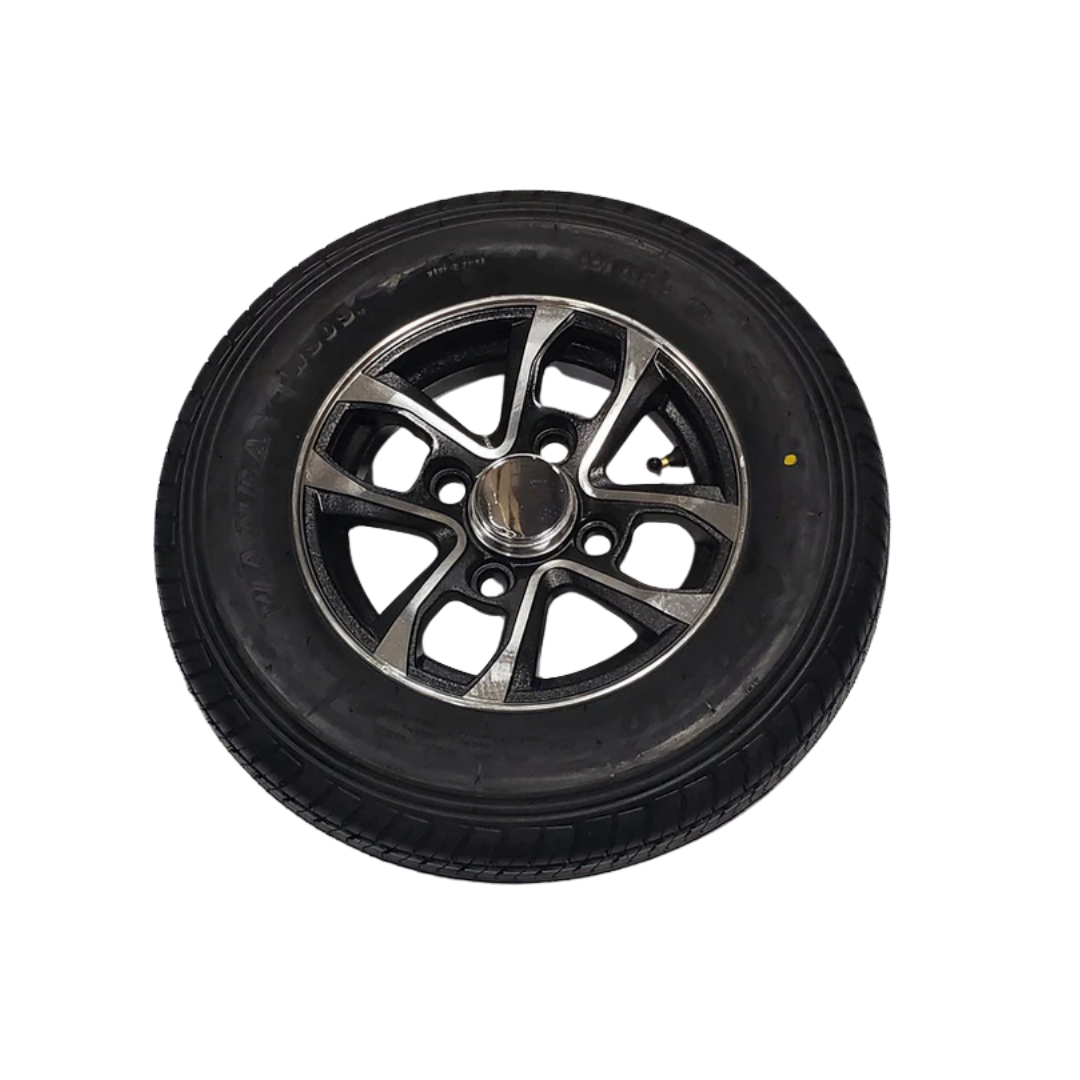 A black GIO Mobility Golf Tire or Wheel Replacement with a shiny five-spoke alloy rim, shown on a white background.