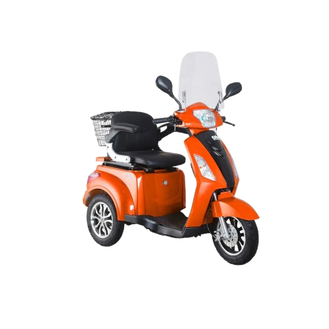 The GIO Regal HD Mobility Scooter is an orange three-wheeled electric scooter featuring a 500W motor, front windshield, backrest, rearview mirrors, and a rear metal basket, all shown isolated on a white background.