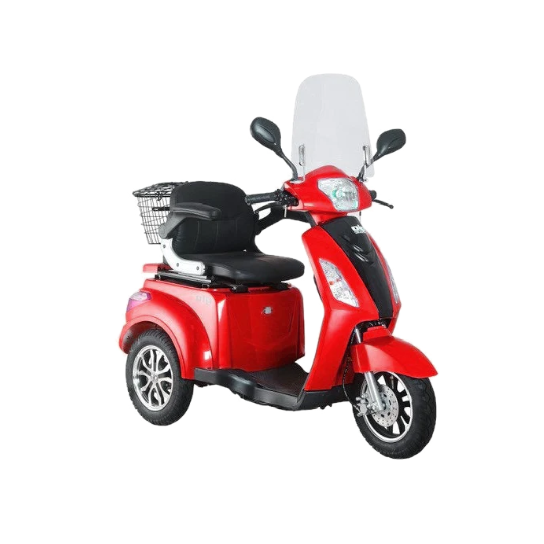 The GIO Regal HD Mobility Scooter, shown on a white background, features a red three-wheeled design, 500W motor, windshield, black seat, and a rear metal basket.
