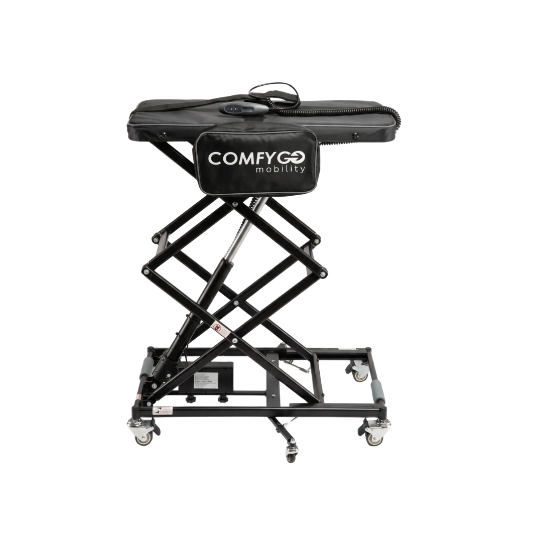 The ComfyGo GO-Lift Portable Lift for Electric Wheelchairs and Scooters is a black, height-adjustable, mobile lift table featuring caster wheels, a control panel, and the COMFYGO mobility logo on the front—perfect as a portable lift for electric wheelchairs or a convenient mobility scooter lift.
