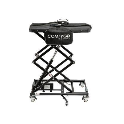 The ComfyGo GO-Lift Portable Lift for Electric Wheelchairs and Scooters is a black, height-adjustable, mobile lift table featuring caster wheels, a control panel, and the COMFYGO mobility logo on the front—perfect as a portable lift for electric wheelchairs or a convenient mobility scooter lift.