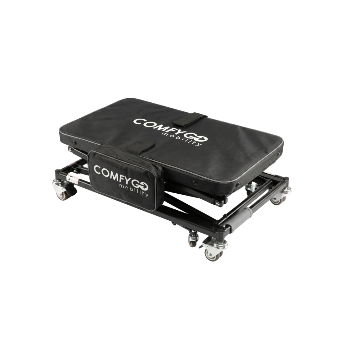 A black, foldable carrying case with wheels and a handle, labeled COMFYGO mobility, is displayed in a closed, compact form against a white background—making it the perfect accessory for your ComfyGo GO-Lift Portable Lift for Electric Wheelchairs and Scooters.