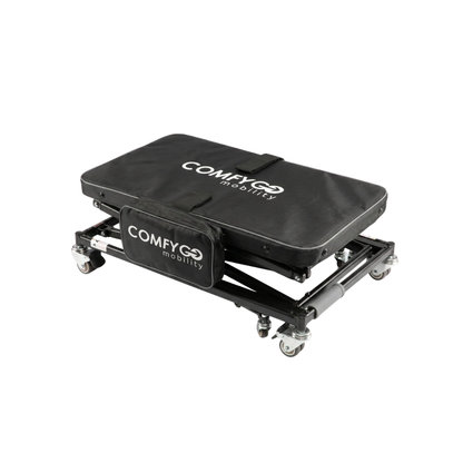 A black, foldable carrying case with wheels and a handle, labeled COMFYGO mobility, is displayed in a closed, compact form against a white background—making it the perfect accessory for your ComfyGo GO-Lift Portable Lift for Electric Wheelchairs and Scooters.