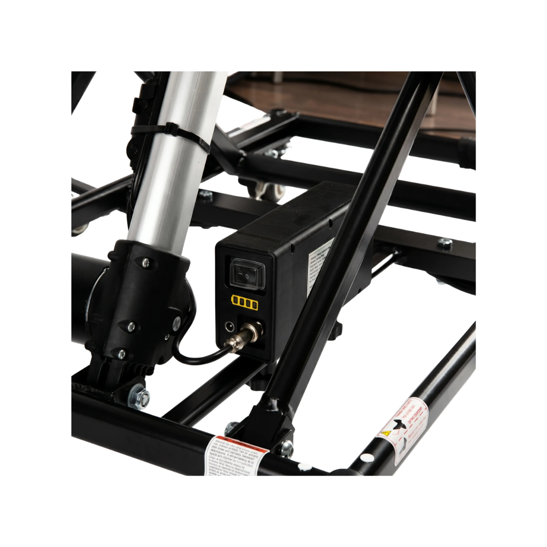 A close-up of a black ComfyGo GO-Lift Portable Lift for Electric Wheelchairs and Scooters, featuring an electric motor with wires connected, mounted on a metal frame, and equipped with a small display on the motor housing.