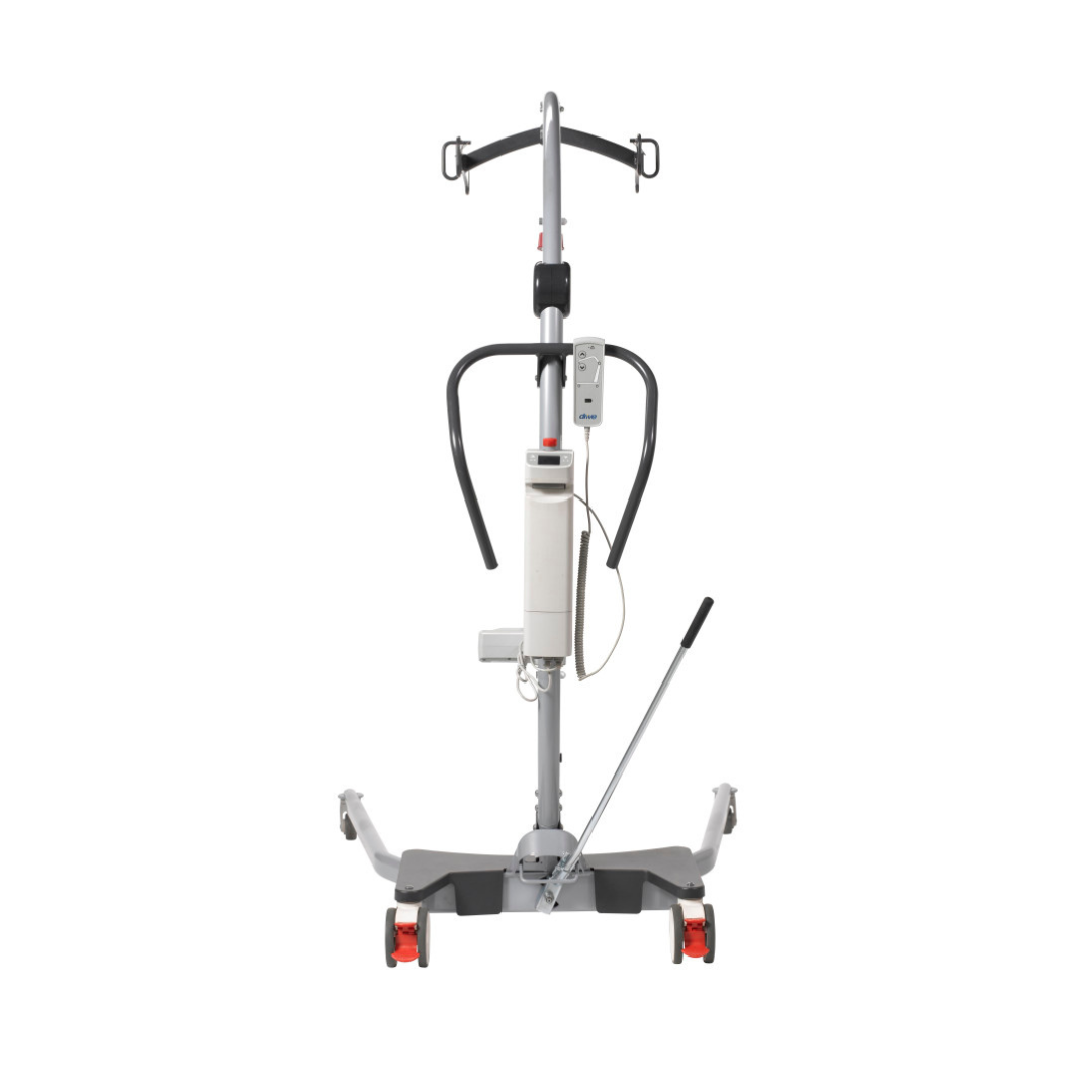 A front view of the caregiver-friendly Drive Gravis Battery-Powered Patient Floor Lift with wheels, a sturdy metal frame, ergonomic handles, and an electric control unit, designed for safe patient transfers in healthcare settings.