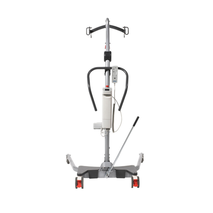 A front view of the caregiver-friendly Drive Gravis Battery-Powered Patient Floor Lift with wheels, a sturdy metal frame, ergonomic handles, and an electric control unit, designed for safe patient transfers in healthcare settings.