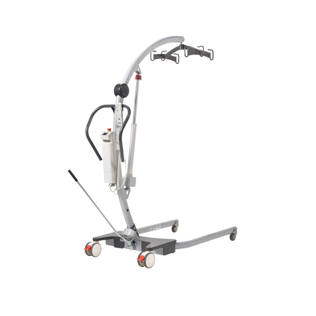 The Drive Gravis Battery-Powered Patient Floor Lift features a gray, wheeled design with curved arm, manual base, sling hooks, and side control box—ideal for safely transferring individuals with limited mobility.