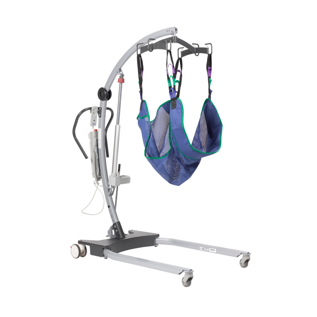 The Drive Gravis Battery-Powered Patient Floor Lift features a caregiver-friendly design with a grey metal frame, handles, control panel, four wheels for smooth patient movement, and comes with a blue fabric sling for easy transfers.