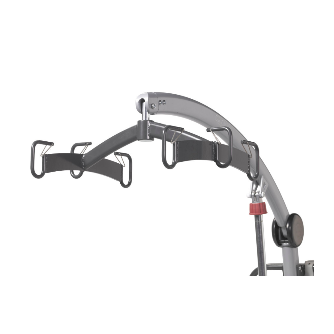 A close-up of the Drive Gravis Battery-Powered Patient Floor Lift arm with four black hooks and straps, designed for caregiver-friendly safe lifting and transfer of individuals. The background is plain white.