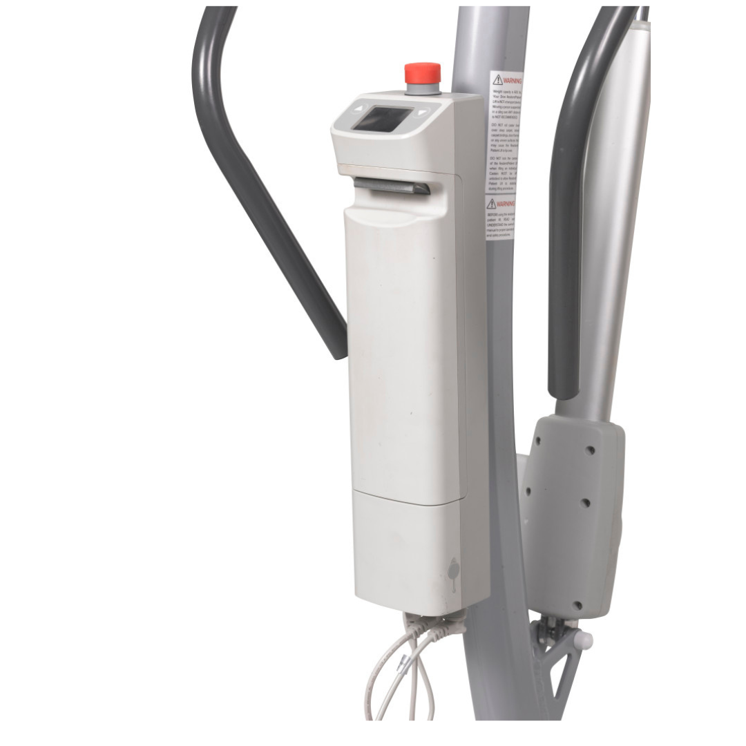 Close-up of the caregiver-friendly control panel on a Drive Gravis Battery-Powered Patient Floor Lift, showing a red emergency stop button, small display screen, multiple handles, and a visible warning label on the side.