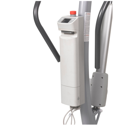 Close-up of the caregiver-friendly control panel on a Drive Gravis Battery-Powered Patient Floor Lift, showing a red emergency stop button, small display screen, multiple handles, and a visible warning label on the side.