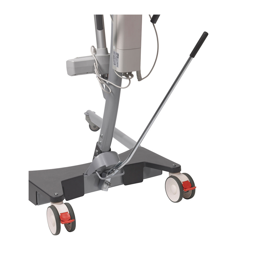 A close-up of a Drive Gravis Battery-Powered Patient Floor Lift with locking caster wheels and a long handle, highlighting its caregiver-friendly design for hospital mobility assistance, displayed on a white background.