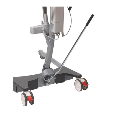 A close-up of a Drive Gravis Battery-Powered Patient Floor Lift with locking caster wheels and a long handle, highlighting its caregiver-friendly design for hospital mobility assistance, displayed on a white background.