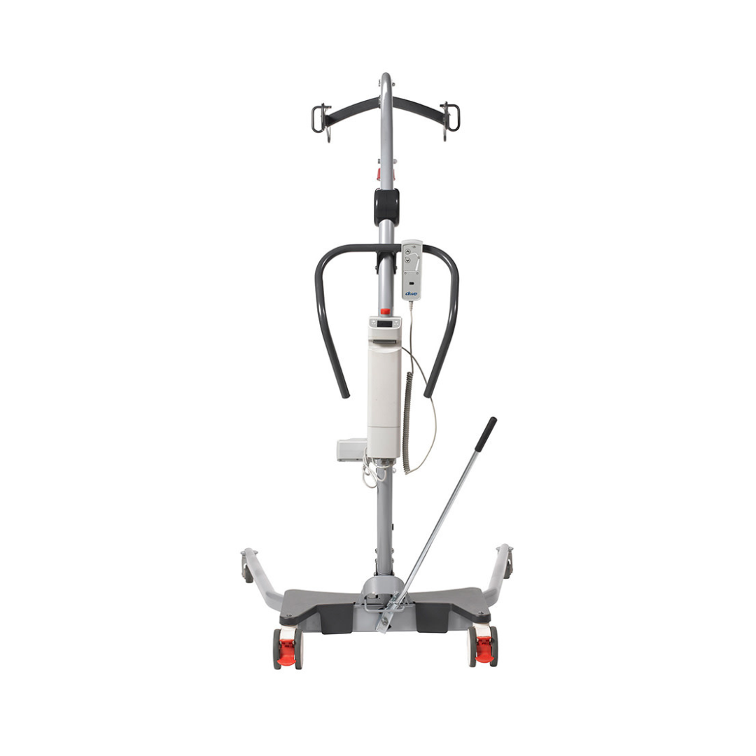 A front-facing view of the Drive Gravis Battery-Powered Patient Floor Lift, featuring a gray metal frame, caregiver-friendly black handles, a control box, lifting arm, and red caster wheels on the manual base.