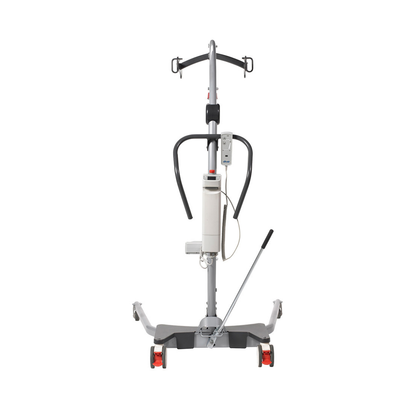 A front-facing view of the Drive Gravis Battery-Powered Patient Floor Lift, featuring a gray metal frame, caregiver-friendly black handles, a control box, lifting arm, and red caster wheels on the manual base.