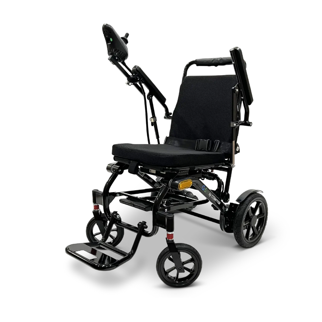 The Glide Care G-5 PRO Lightweight Foldable Electric Wheelchair features a black frame, cushioned seat, adjustable footrest, armrests, and a right-side joystick—ideal for travel and shown against a plain white background.