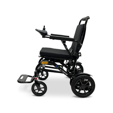 The Glide Care G-5 PRO Lightweight Foldable Electric Wheelchair is shown side-on against a white background, featuring a black frame, dual motors, right-arm joystick control, padded seat and backrest, foldable design, and four wheels.