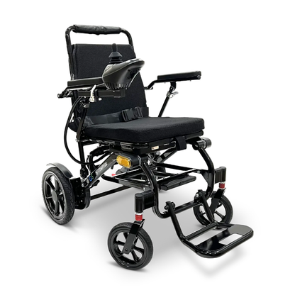 The Glide Care G-5 PRO Lightweight Foldable Electric Wheelchair features a modern black design, dual motors, padded seat and backrest, joystick control, sturdy wheels, and adjustable footrests for superior comfort and mobility.