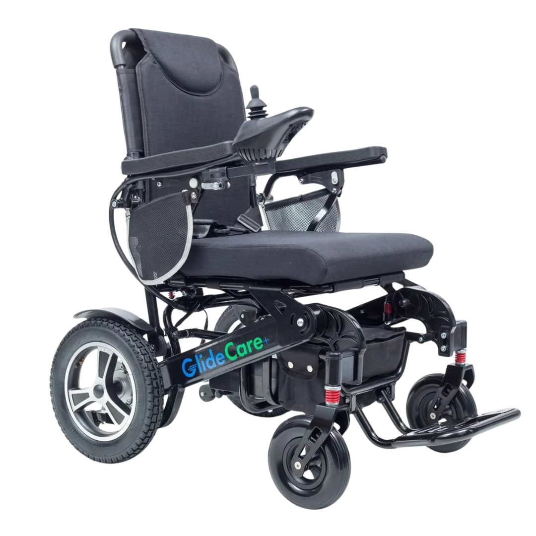 The Glide Care G-6 is a black, lightweight, foldable electric wheelchair featuring armrests, a cushioned seat and backrest, joystick controls on the arm, and large rear wheels.