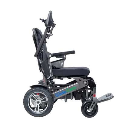 A side view of the Glide Care G-6 Lightweight Foldable Electric Wheelchair with a black seat, adjustable armrests, footrest, large rear wheels, and "GlideCore" printed on the frame.