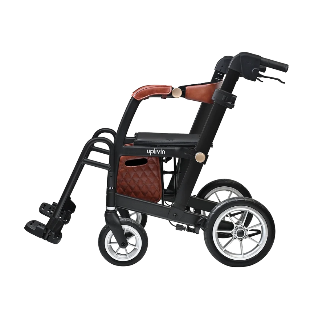 Black uplivin Gavo 2-in-1 Hybrid Rollator & Wheelchair with brown cushioned armrests, a seat, a storage bag, and fold-down footrests.