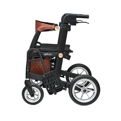 Side view of a black uplivin Gavo 2-in-1 Hybrid Rollator & Wheelchair with a seat, backrest, and fold-down footrests that functions as a transport chair.