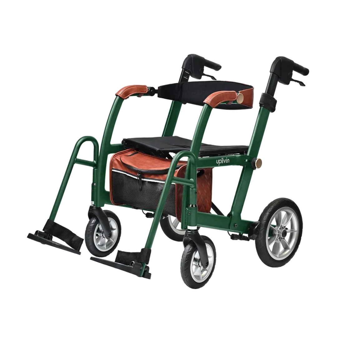 Green uplivin Gavo 2-in-1 Hybrid Rollator & Wheelchair featuring a black seat, brown leather-look armrests, and a storage bag, configured as a transport chair with footrests.