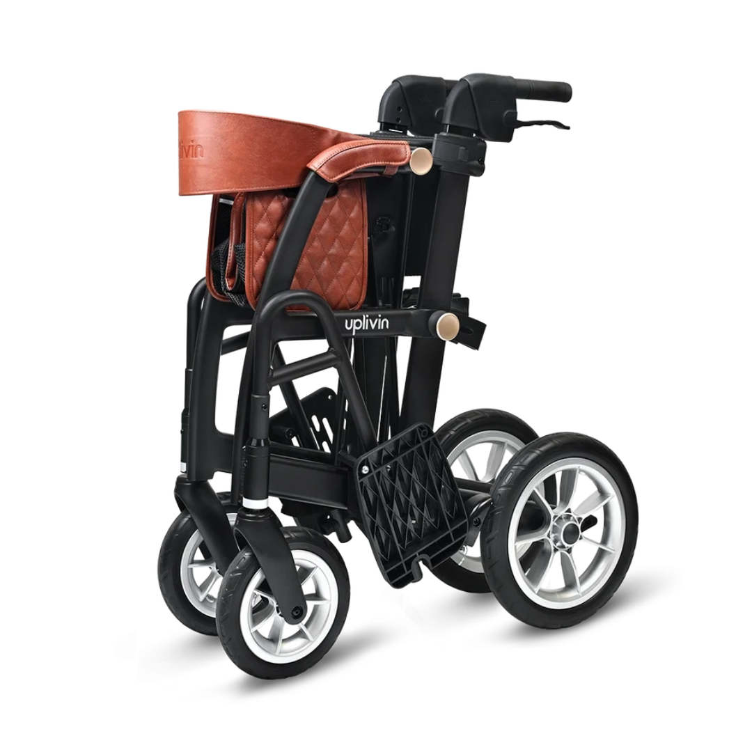 A black uplivin Gavo 2-in-1 Hybrid Rollator & Wheelchair with a brown backrest and seat, folded to serve as a transport chair.