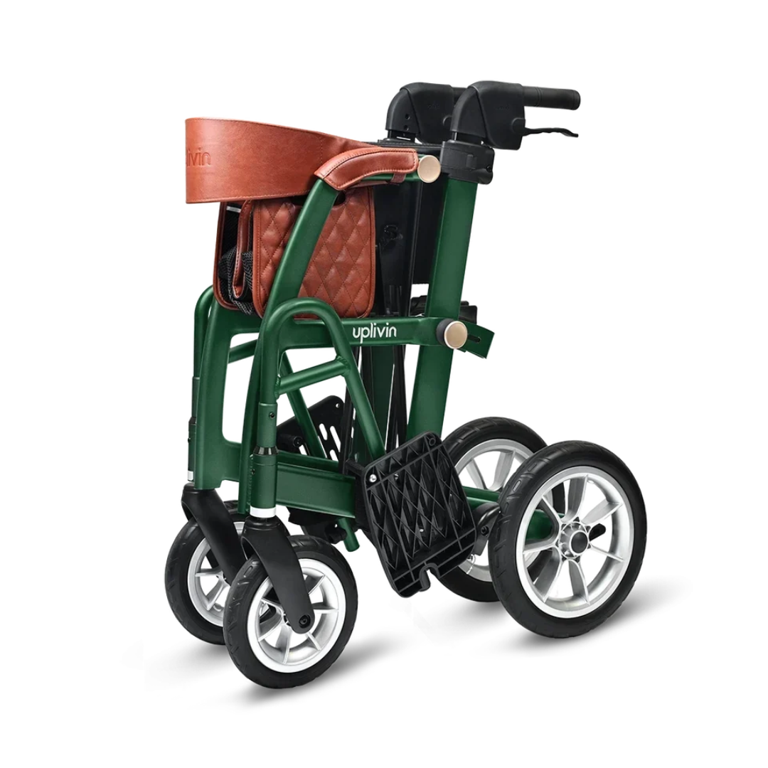 Folded green uplivin Gavo 2-in-1 Hybrid Rollator & Wheelchair with a brown backrest, seat, and attached footrests.