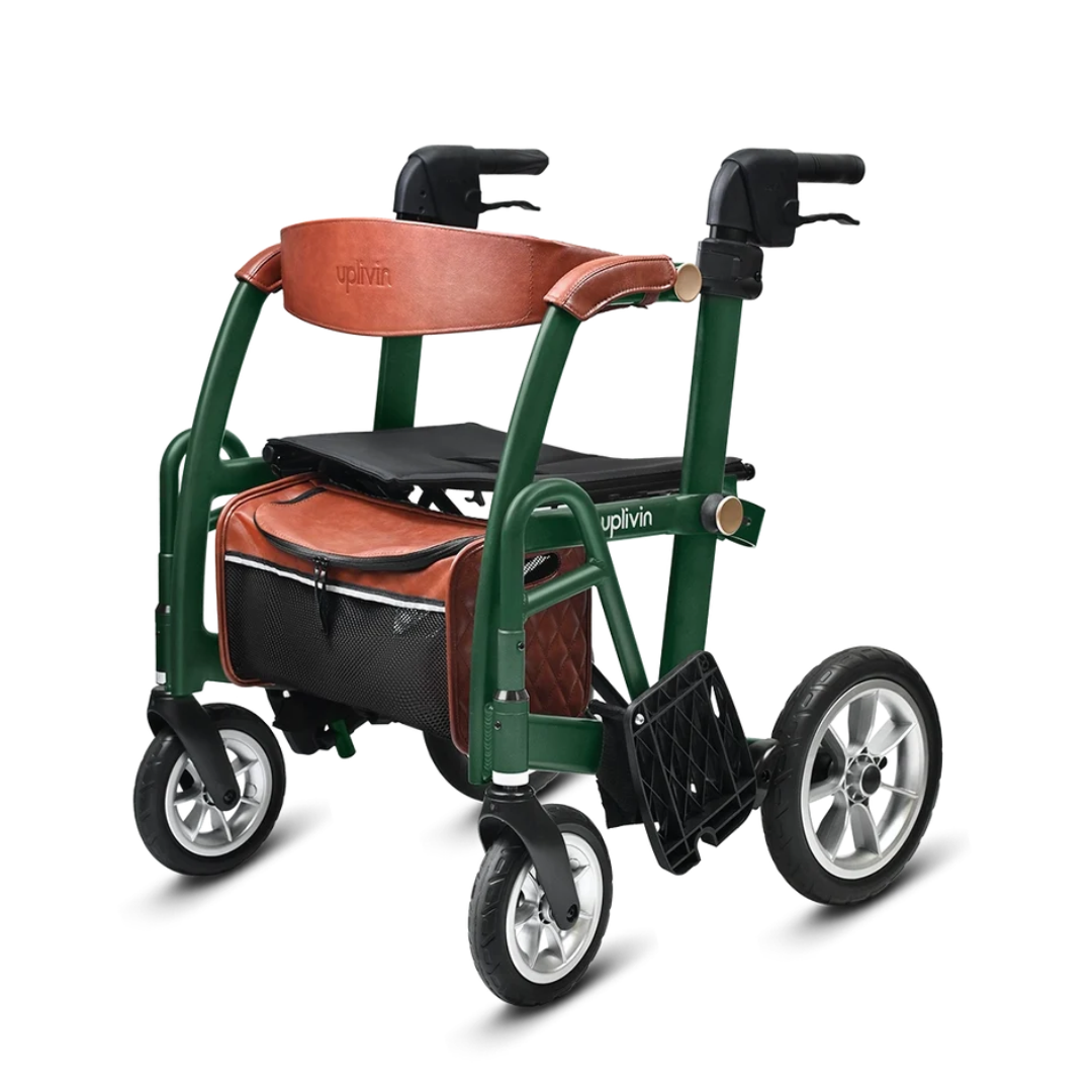 Green uplivin Gavo 2-in-1 Hybrid Rollator & Wheelchair with a brown leather backrest and storage bag.