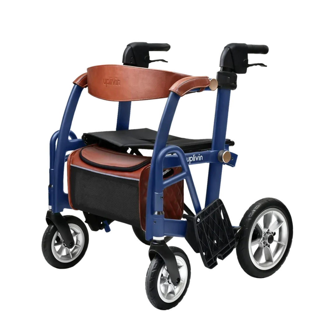A blue uplivin Gavo 2-in-1 Hybrid Rollator & Wheelchair featuring a brown seat, backrest, and storage bag.