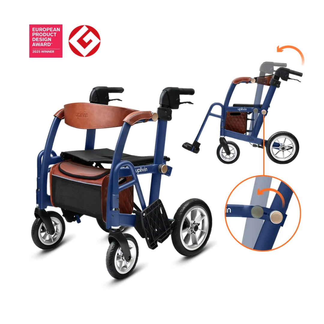 A blue uplivin Gavo 2-in-1 Hybrid Rollator & Wheelchair with a brown seat and backrest, shown with an inset diagram illustrating how the handle flips to convert the device.