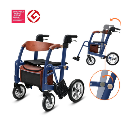 A blue uplivin Gavo 2-in-1 Hybrid Rollator & Wheelchair with a brown seat and backrest, shown with an inset diagram illustrating how the handle flips to convert the device.