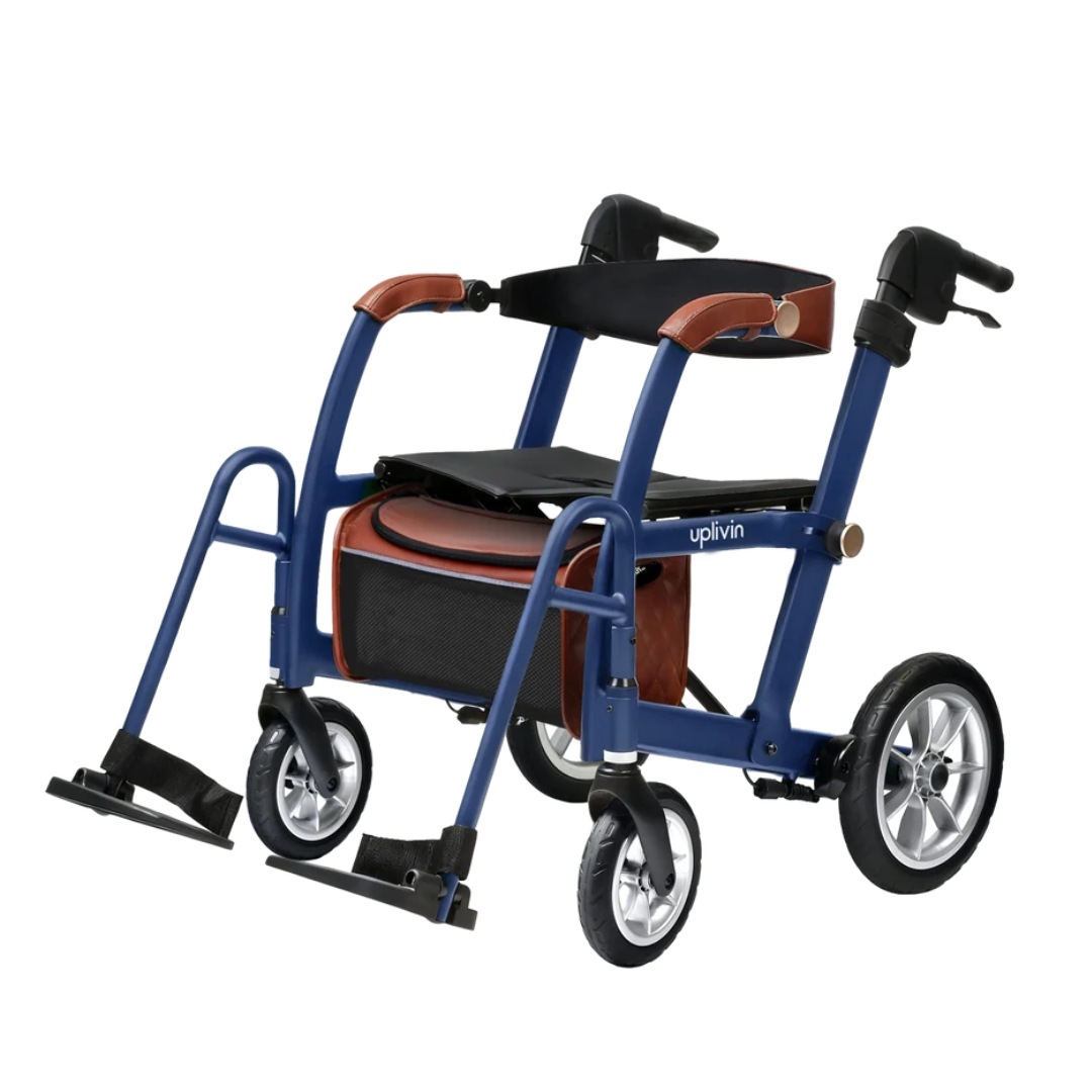 A blue uplivin Gavo 2-in-1 Hybrid Rollator & Wheelchair with brown leather-look accents, a seat, and attached footrests.