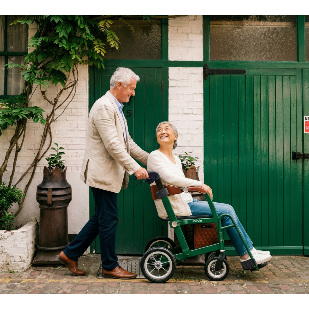 A man pushes a woman sitting in a green uplivin Gavo 2-in-1 Hybrid Rollator & Wheelchair on a brick path in front of a green door.
