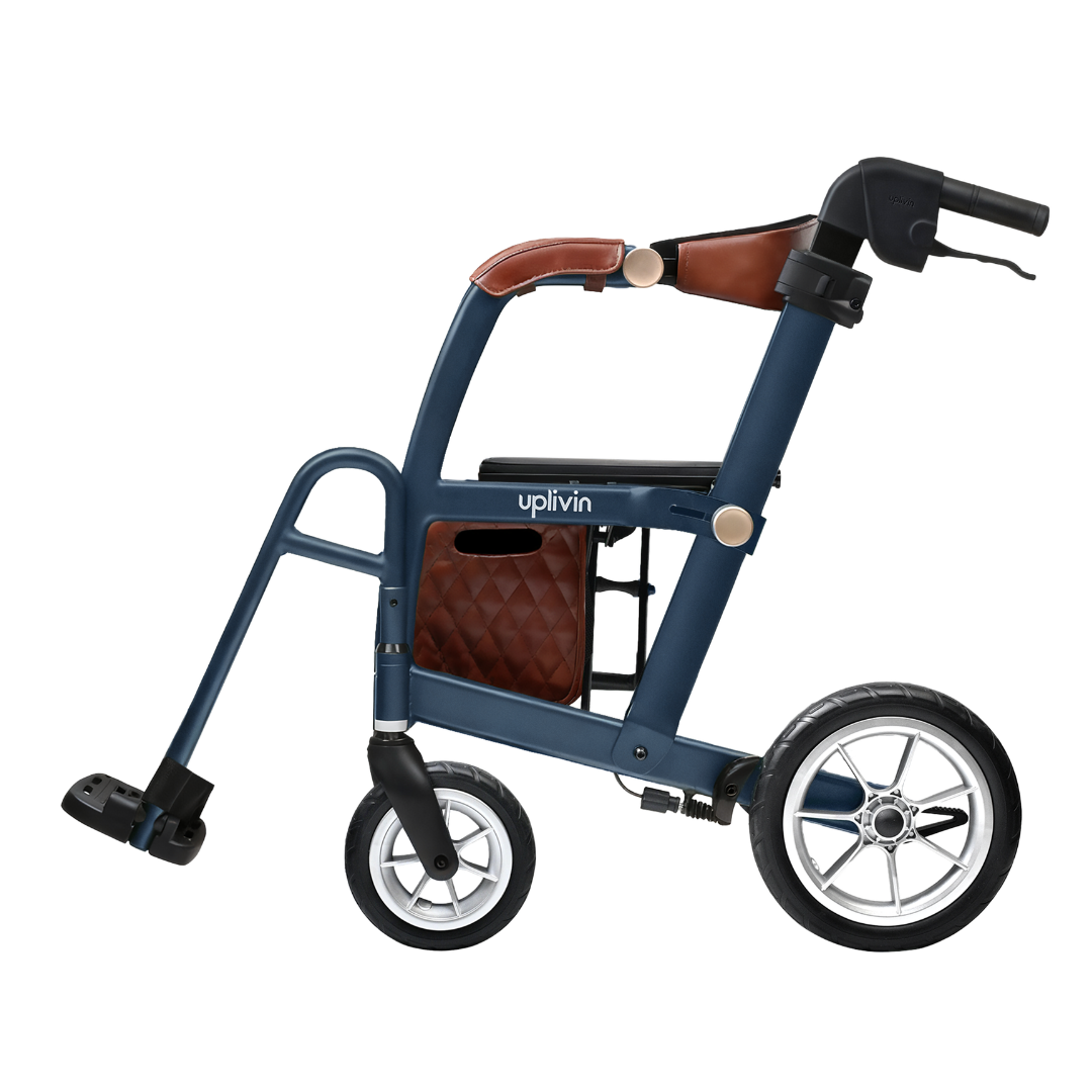 A navy blue uplivin Gavo 2-in-1 Hybrid Rollator & Wheelchair with a fold-down footrest, brown leather-look handle and storage bag, and black wheels.