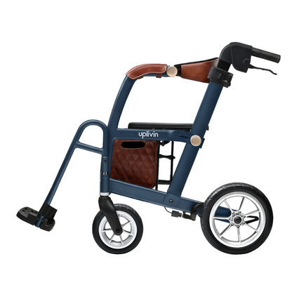 A navy blue uplivin Gavo 2-in-1 Hybrid Rollator & Wheelchair with a fold-down footrest, brown leather-look handle and storage bag, and black wheels.