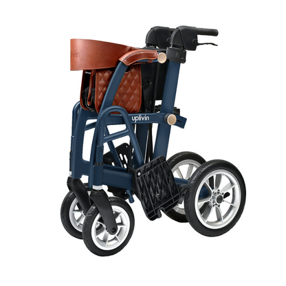 Folded dark blue uplivin Gavo 2-in-1 Hybrid Rollator & Wheelchair, featuring a brown leather seat and backrest.