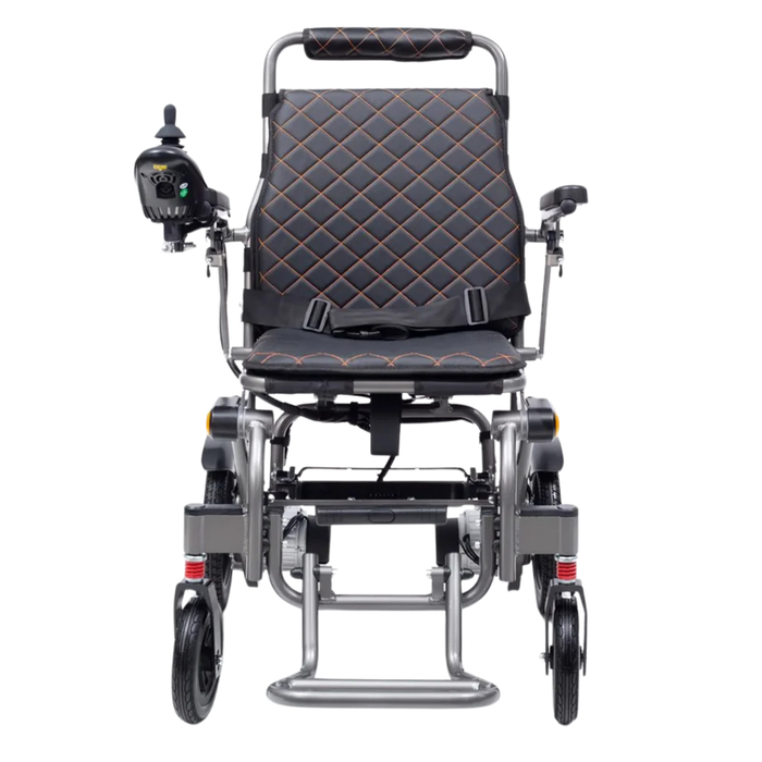 The Glide Care G-5 Lightweight Foldable Electric Wheelchair features a black seat with orange diamond stitching, left-side joystick control, armrests, four wheels, and a compact folding design—ideal for travel.